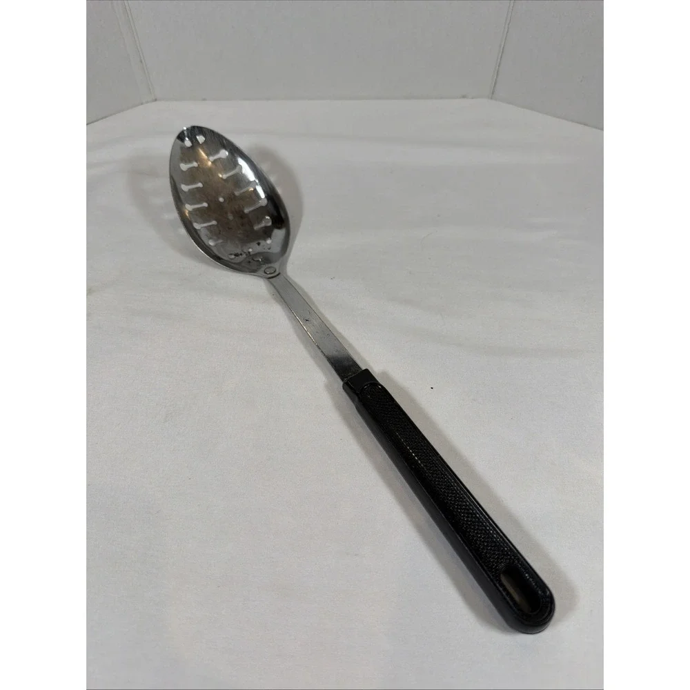 Vintage Ecko USA Slotted Metal Serving Spoon Utensil Black Plastic Handle  12